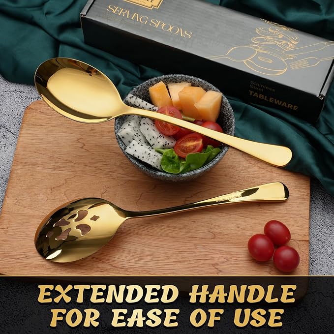 4 Piece Stainless Steel Serving Spoon Set - 2 Large, 2 Slotted,Dishwasher Safe,10-Inch,Gold, for Parties/Kitchen/Buffet/Catering