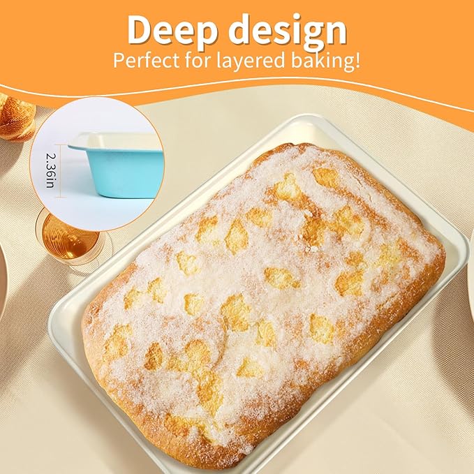9x13 Baking Pan with Lid and Handle, Nonstick Cake Carrier with Locking Cover, Deep Oblong Bakeware for Brownies, Casseroles, and Travel, Blue and Beige