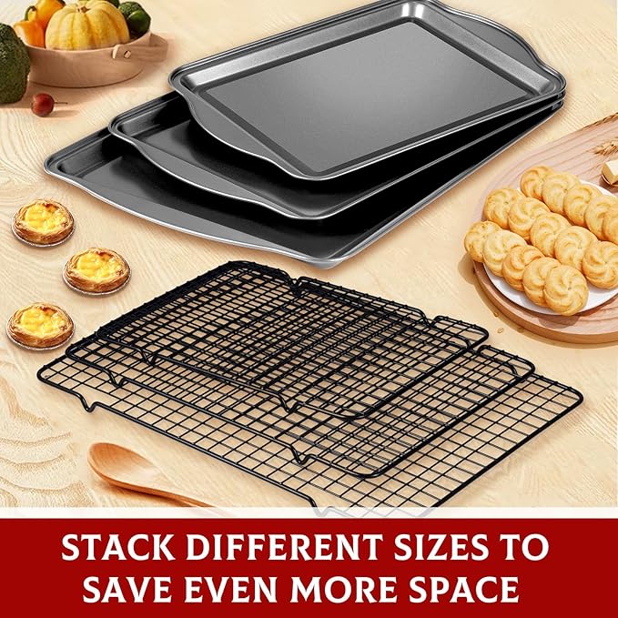 Baking Sheet with Rack Set - 3 Baking Sheets + 3 Cooling Racks, Carbon Steel Cookie Sheets & Cooling Racks in Multiple Sizes, Thickened & Warp-Resistant, Dishwasher Safe