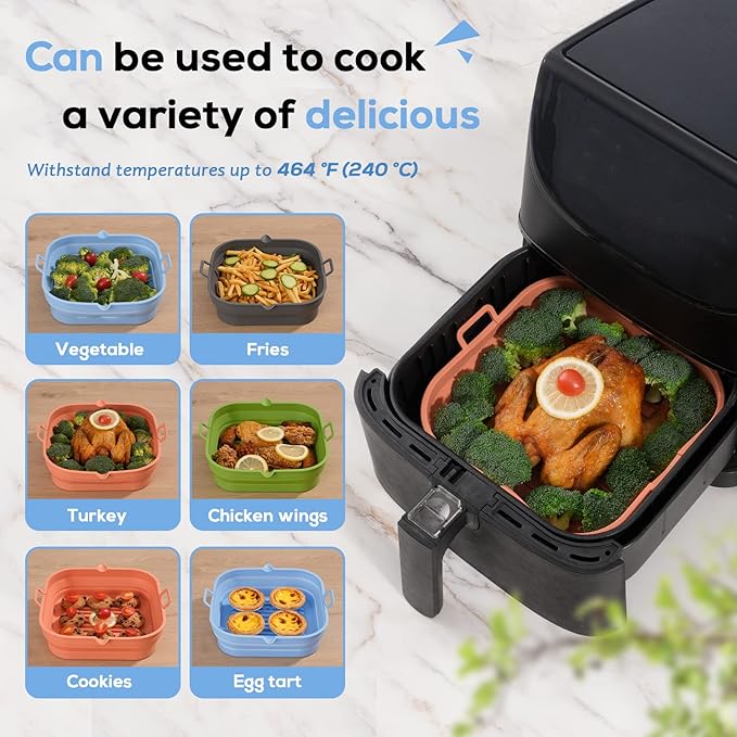 Silicone Air Fryer Liners - Square Reusable Basket - Easy to Clean Air Fryer Baking Tray, 8.5 Inch Large