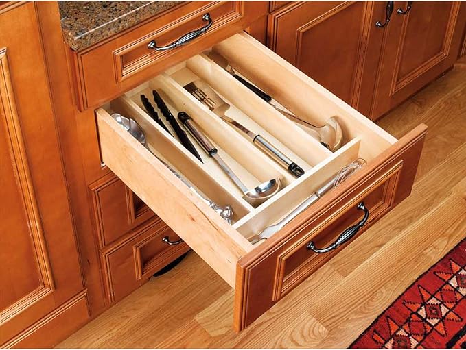 Rev-A-Shelf Trim-to-Fit Silverware Drawer Organizer For Kitchen Utensils, Cutlery Cabinet Storage Divider Insert, 18.5" x 22", Maple Wood, 4WUT-1