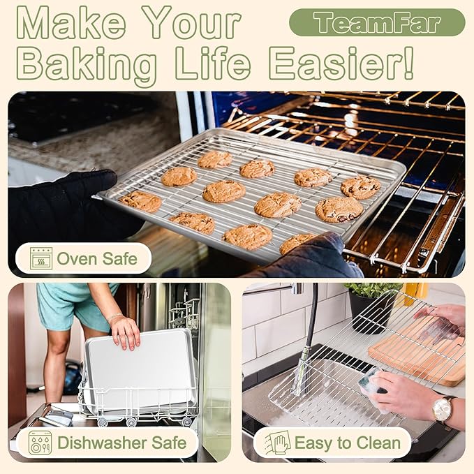 TeamFar Baking Sheet with Rack Set (3 Pans + 3 Racks), 16/12.5/9 Inch Stainless Steel Cookie Sheets Baking Pans Trays and Cooling Racks for Cooking Roasting, Non-Toxic & Heavy Duty, Dishwasher Safe