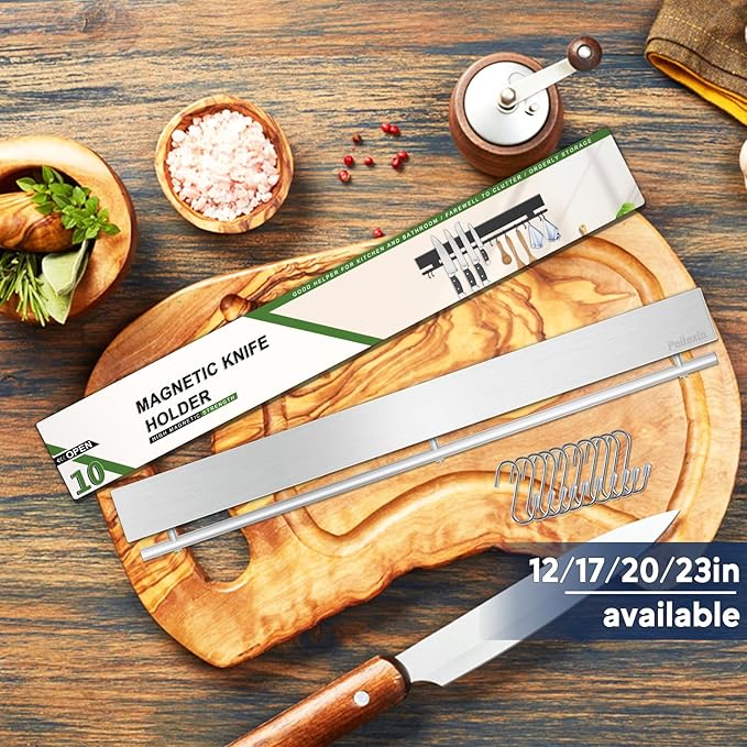 20 inch magnetic knife holder with 10 hooks, no drilling knife magnetic strip, and utensil hanger for wall. Powerful knife magnet rack includes tape and screw