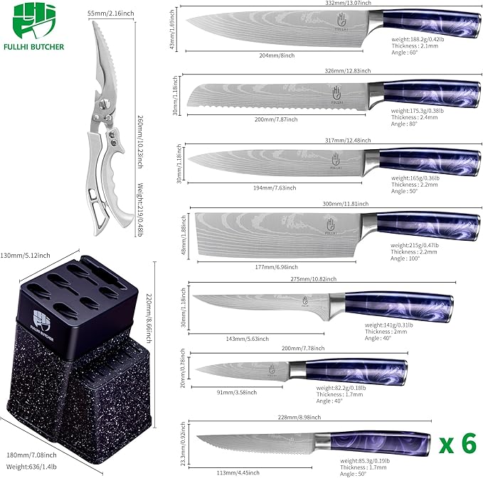 FULLHI 14pcs Block Knife Set, Chef's Knife Steak Knives Set with Block and Sharpener, Kitchen Knife Set, Multi-colour Handle, Gifts for Men Women