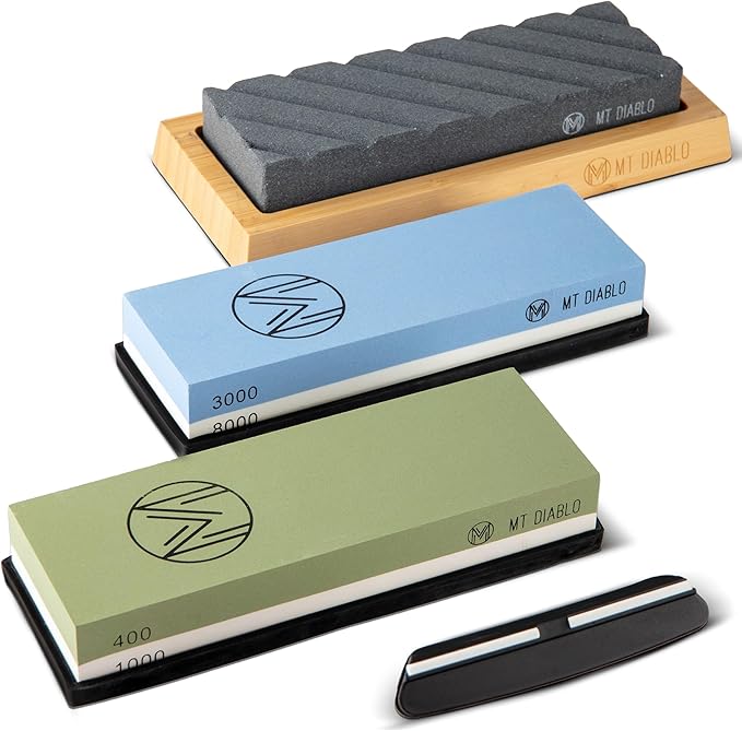Mt Diablo Knife Sharpener Stone Kit for Chefs & Woodworkers: Dual-Grit Whetstones 400/1000 & 3000/8000, Premium White Corundum, Knife Sharpening Kit with Bamboo Base & Angle Guide, Flattening Stone