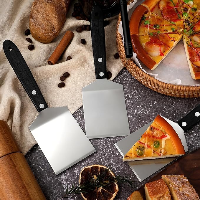 BBTO 20 Pcs Small Spatula Pizza Spatula Bulk Brownie Cookie Pie Server Pie Cake Stainless Baking Triangular Cutter Spade Wood Handle Shovel for Desserts Pizza Cake Biscuit(Black)