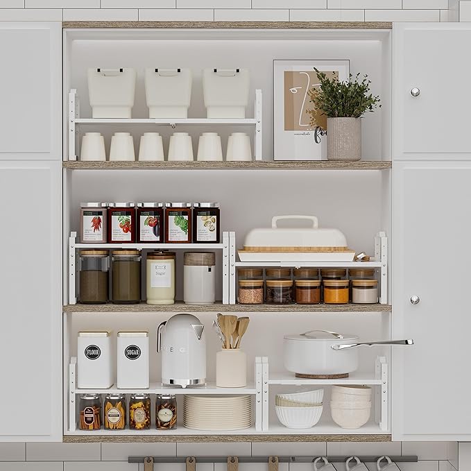 Expandable Shelf for Cabinet Organizer Adjustable Stackable Spice Rack at Kitchen and Bathroom more, Counter Countertop Cupboard Organization Pantry Storage(LARGE/3PACKS/WHITE)