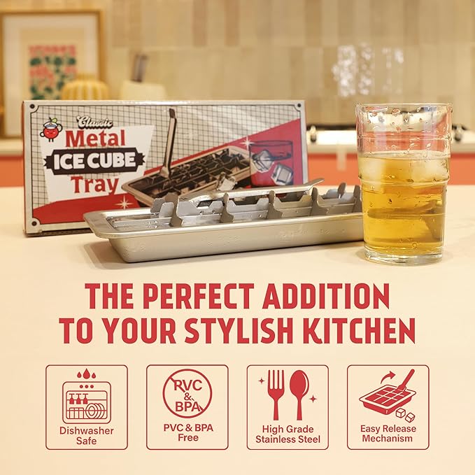Stainless Steel Ice Cube Tray with lever (11", 18 cubes), Classic Metal Ice Cube Trays for Freezer, Vintage & Retro, Non Toxic, Plastic Free, Dishwasher safe