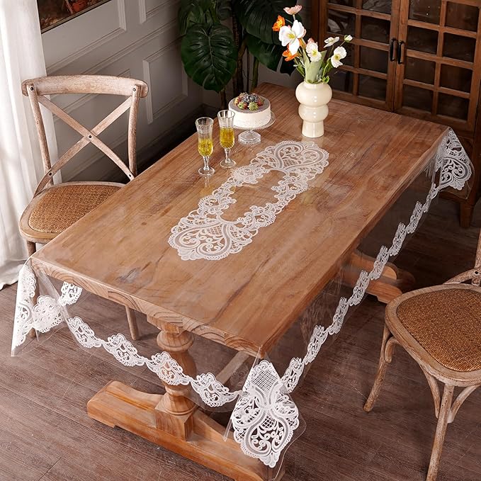 Clear Table Cover Protector Vinyl Table Cloth Rectangle Oil Spill Proof Vintage Rustic Plastic Table Covers for Dining Tables (White Lace, 60 x 104 Inches)