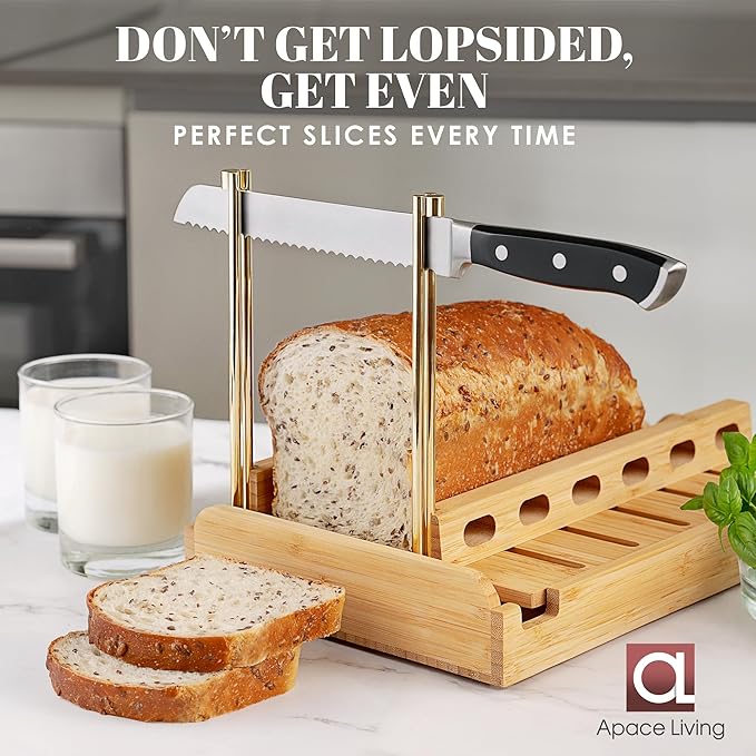 DITTO 2.0 Bamboo Bread Slicer for Homemade Bread - 6.5" Wide Adjustable Bread Slicer Guide Cuts Even Slices, 4 Thickness Options - Works with Buns, Bagels - Incl Crumb Tray