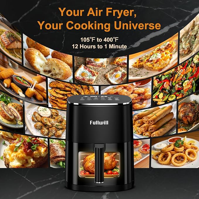 Fullwill Air Fryer with Viewing Window 6QT,5-in-1 Multi-Function(Air Fry,Roast,Bake,Reheat,Dehydrate) plus 7 One-Touch Presets for Wings,Fries,Steak and More,85% Less Oil Cooking for Families