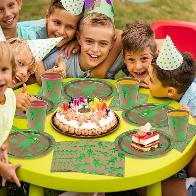 DYLIVeS Green Foil Dinosaur Birthday Party Decorations, Rawr Dinosaur Disposable Tableware Set with 9'' Dinner Plates, Napkins, Cups, Forks - Serves 24