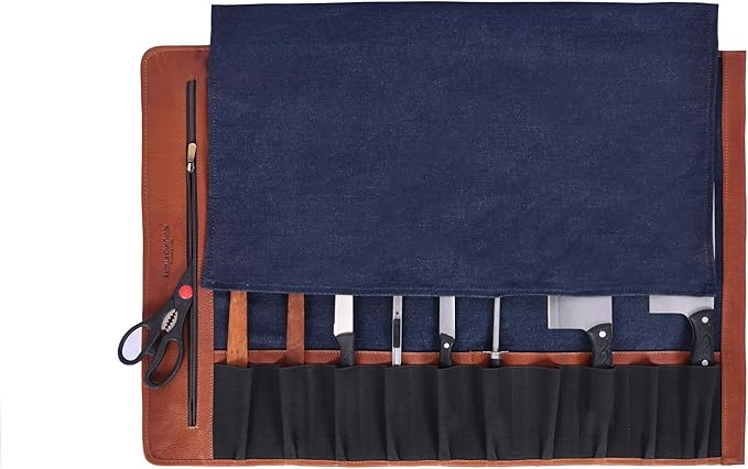Leather Knife Roll Storage Bag, Elastic and Expandable 10 Pockets, Adjustable/Detachable Shoulder Strap, Travel-Friendly Chef Knife Case (Currant, Canvas)