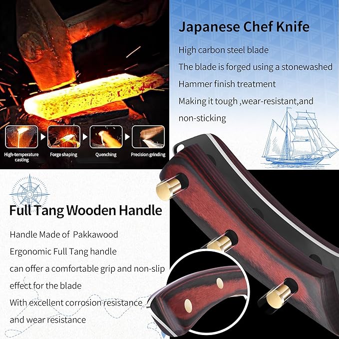 XYJ Authentic Since 1986,Kitchen Knife Block Set,High Carbon Steel Blades,Knives Set with Wooden Magnetic Knife Block,Sharpening Steel,Cutting Board,Cleaver Slicing Knife,Wood Handle