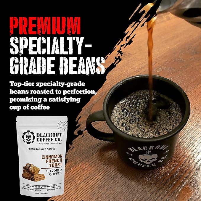 Blackout Coffee Cinnamon French Toast Flavored Ground Coffee – Medium Roast, Smooth Taste, Guilt-Free Indulgence – Freshly Roasted 12oz Pouch, American Made