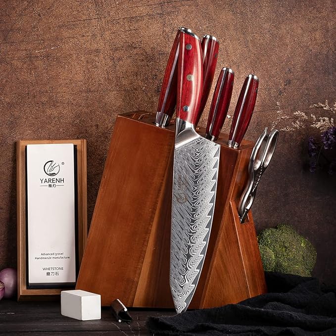 YARENH 8-Piece Kitchen Knife Set with Block,Damascus Chef Knife, 67-Layer High Carbon Stainless Steel,Sharp Rust-Resistant Blades,Sandalwood Handle