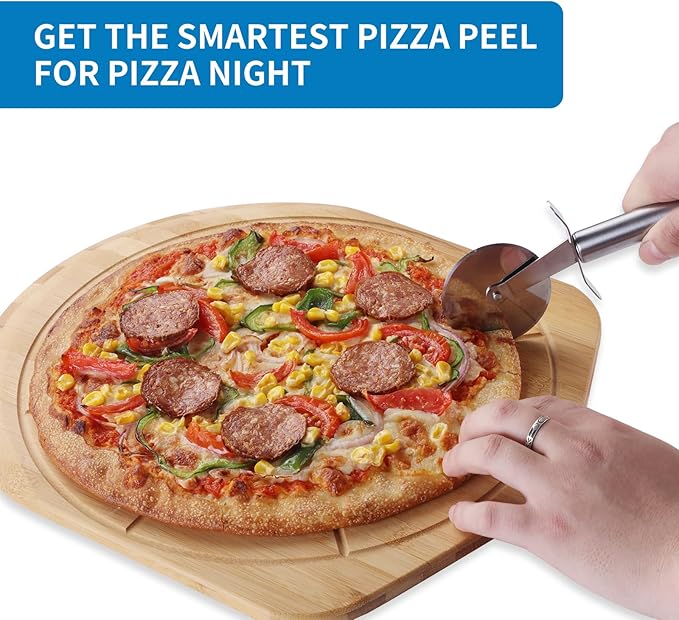 12.6” Bamboo Pizza Peel - Lightweight Smooth Wooden Pizza Paddle and Pizza Cutting Board with 8 Slice Grooves, Outdoor Pizza Oven Accessories, 19.7 Inch x 12.6 Inch