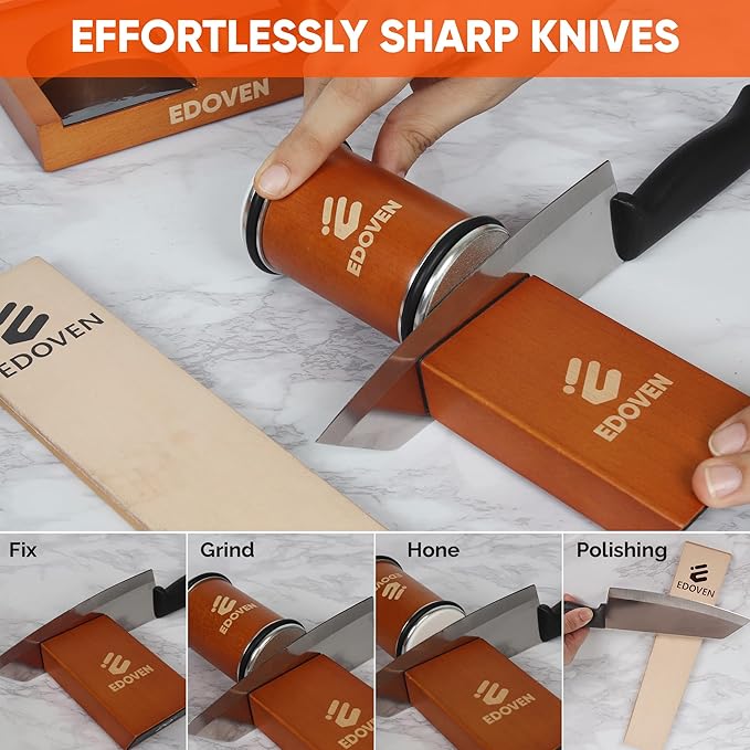 Rolling Knife Sharpener Kit – Complete Luxury Set with Leather Strop, Stand & 2 Extra Discs | Premium Beech Wood Magnetic Sharpener | Kitchen & Pocket Knife Sharpening Tool