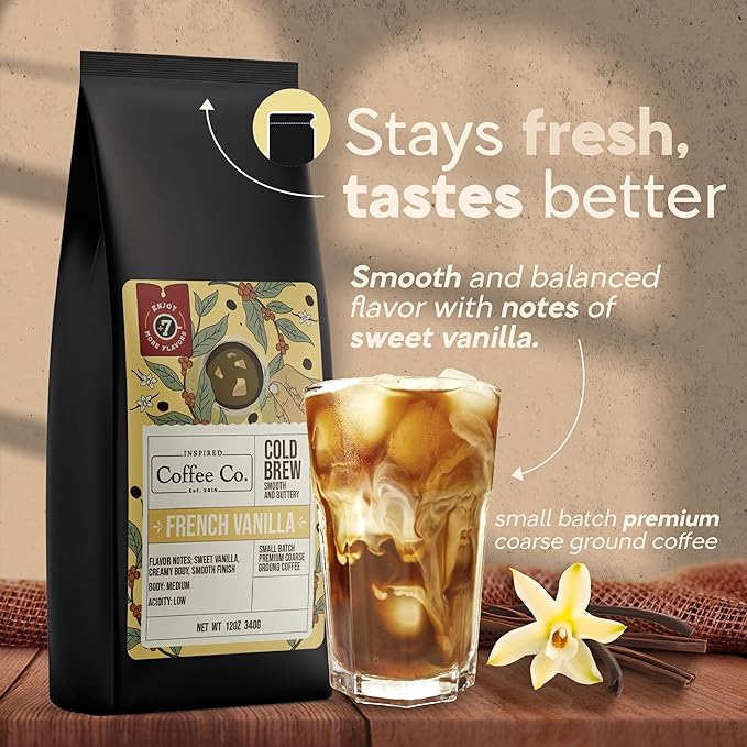 French Vanilla - Flavored Cold Brew Coffee Grounds for Coarse Grind for French Presses - Inspired Coffee Co. Local Coarse Ground Coffee for Cold Brew - Resealable Bag 12 oz (Pack of 2)