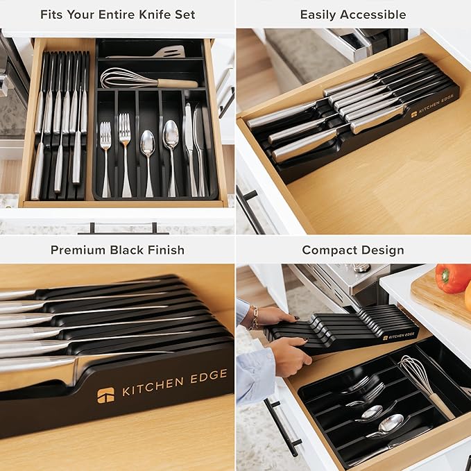 KitchenEdge Black Knife Drawer Organizer Insert - Knife Block Holder, Holds 5 Long + 6 Short Knives (Not Included), Fits Most Sizes, Non-Slip Feet, 100% Sustainable Bamboo, Food-Safe Black Finish