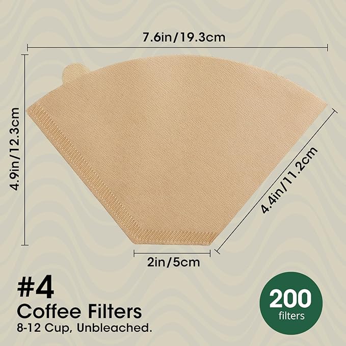 200 Count Coffee Filters #4, ONIOU Number 4 Cone Coffee Paper Filters 8-12 Cup Unbleached, Natural Coffee Filters 4 Cone Paper for Ninja Cuisinart Coffee Makers