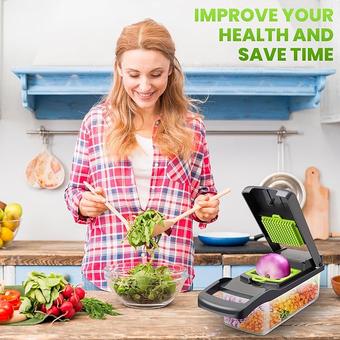 15-in-1 Vegetable Chopper & Mandoline Slicer by Global Digitronix – BPA-Free Veggie Cutter with Stainless Steel Blades, Onion Chopper & Food Dicer, Fruit & Vegetable Slicer – Black & Green