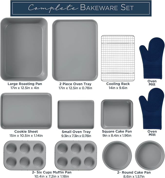 Country Kitchen Nonstick Stackable Bakeware Set - Deluxe Heavy Duty, Durable, Easy Release Baking Set, Denim, 13 Pcs