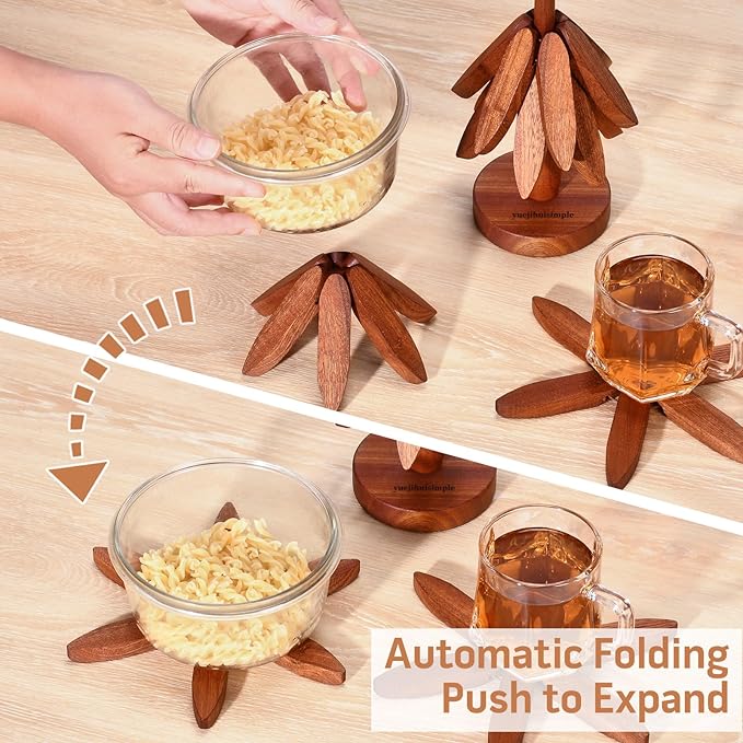 Trivets for Hot Dishes，Tree Shape Trivet Set,4 Wooden Trivets + 1 Stand， Heat-Resistant Foldable Wooden Tree Trivet Set for Pot、Bowl、Teapot、Hot Pot Holder