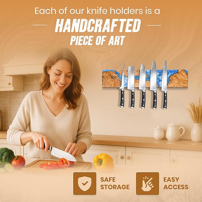 Magnetic Knife Holder for Wall 16 Inch |Premium Wood & Blue Resin| Epoxy Knife Magnetic Strip, Kitchen Knife Block Holder with Strong Magnet, Space-Saving, Handcrafted Style & Easy to Install