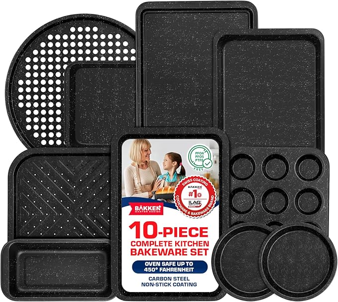 BAKKEN 10-Piece Kitchen Baking Pan Set - Commercial Grade Carbon Steel Bakeware, With Nonstick Coating, Stackable and Space-saving Design, PFOA, PFOS, PTFE Free, Oven Safe (Up To 450°F), Gray Marble