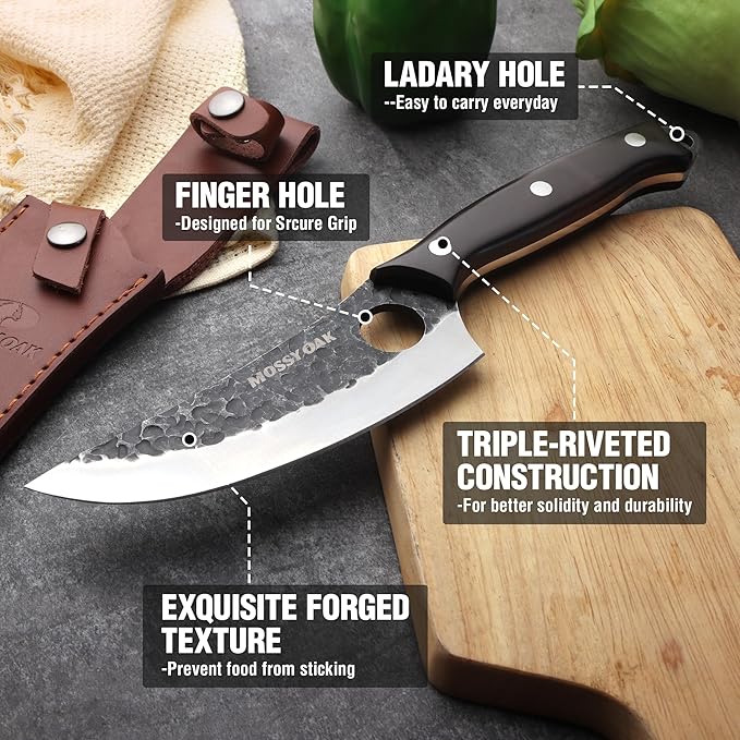 Mossy Oak Chef Knife, Kitchen Knife for Boning, Cutting, and Chopping, Hand Forged Boning Knife Full Tang Handle with Genuine Leather Sheath, Meat Cleaver Knife for Outdoor Cooking, Camping
