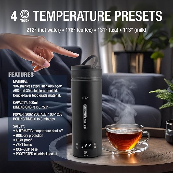 ITSA Travel Electric Kettle 500ml Portable Stainless Steel Water Boiler with Temperature Control & Auto Shut Off – Mini Electric Kettle for Coffee, Tea & Hot Water, BPA-Free