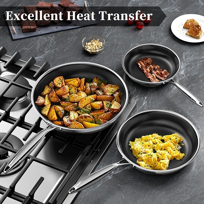 Innerwell Stainless Steel Frying Pans 11 Inch Titanium Ceramic Nonstick Frying Pans Hybrid Tri-Ply Nonstick Honeycomb Kitchen Cooking Pan Compatible with All Cooktops PFOA/PFAS/PTFE Free