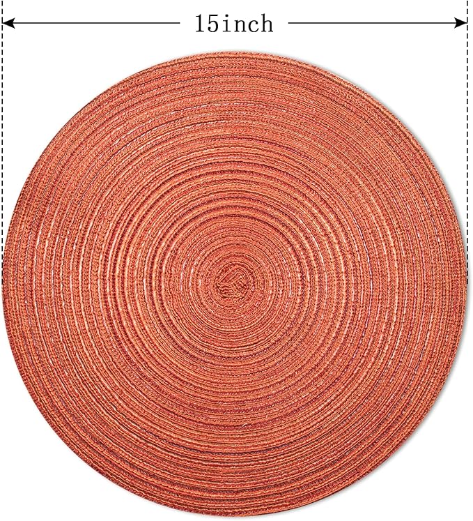 FunWheat Round Braided Placemats Set of 6 Place mats for Dining Tables Woven Heat Resistant Table Mats 15 inch for Fall(Orange)
