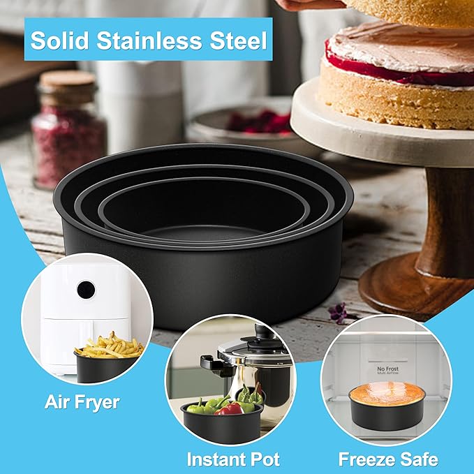 E-far Deep Cake Pan Set of 3 (6/8/9½ Inch), Nonstick Stainless Steel Round Cake Pans Tins for Baking Layer Wedding Cakes, Stainless Steel Core & Nontoxic Coating, Deep & Straight Side
