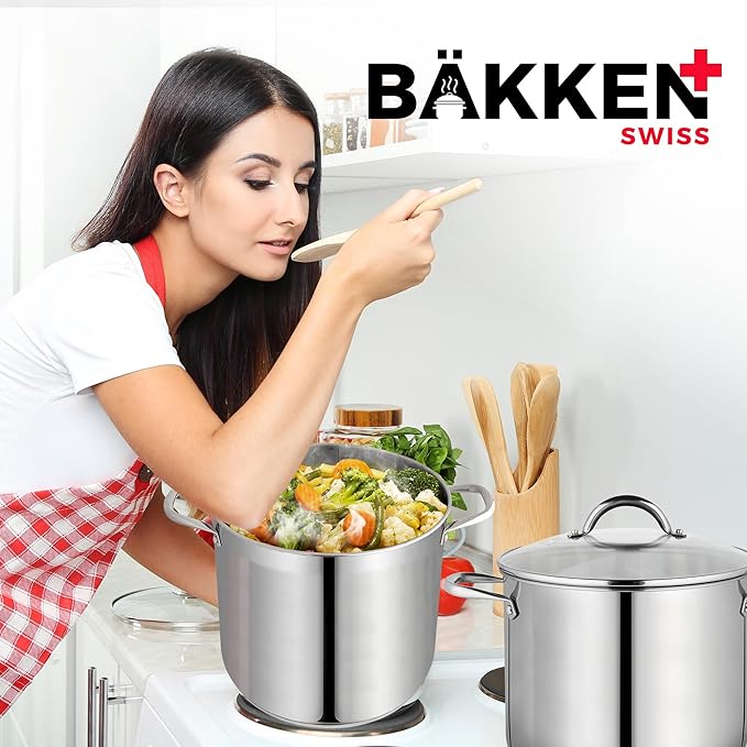 Stainless Steel Stockpot with Tempered Glass Lid 20 Quart, Durable 18/0 Stainless Steel, Impact-Bonded Base for Even Heating, Riveted Handles, Oven & All Stove Compatible, Safe Up To 500°F (260°C)