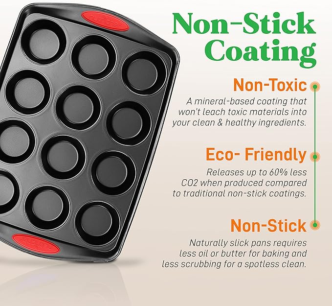 NutriChef 15-Piece Baking Pan Set - Flexible Nonstick Coating Carbon Steel Bakeware - Professional Home Kitchen Bakeware with Stackable Cookie Sheet Trays and Red Silicone Handles (Black)