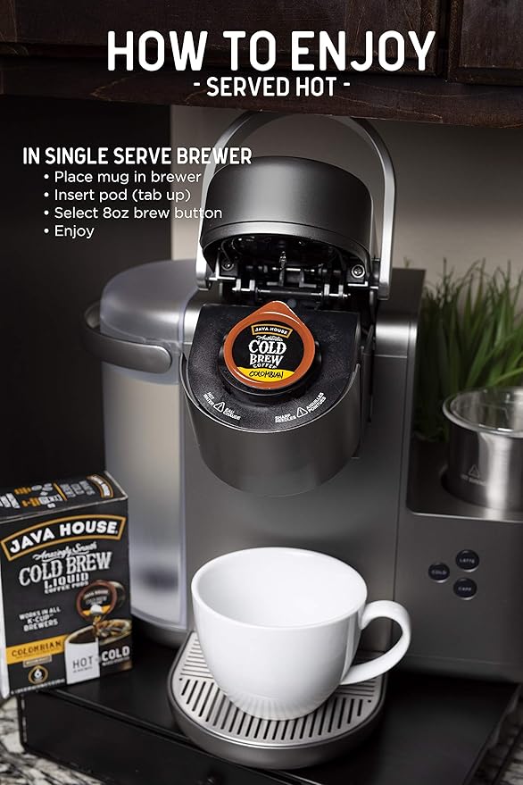 Java House Single-Serve Cold Brew Coffee Pods – 100% Arabica Liquid Concentrate – Smooth & Bold Colombian Roast – 6 Pods – Ready Hot or Iced, TSA Approved