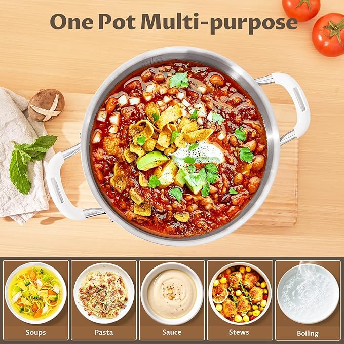 10 Quart Tri-Ply Stainless Steel Stock Pots with Lid, BEZIA Induction Soup Pot with Lid, Large Kitchen Cooking Pots with Silicone Handle, Compatible with All Cooktops, Free of PTFE/PFOA/PFOS