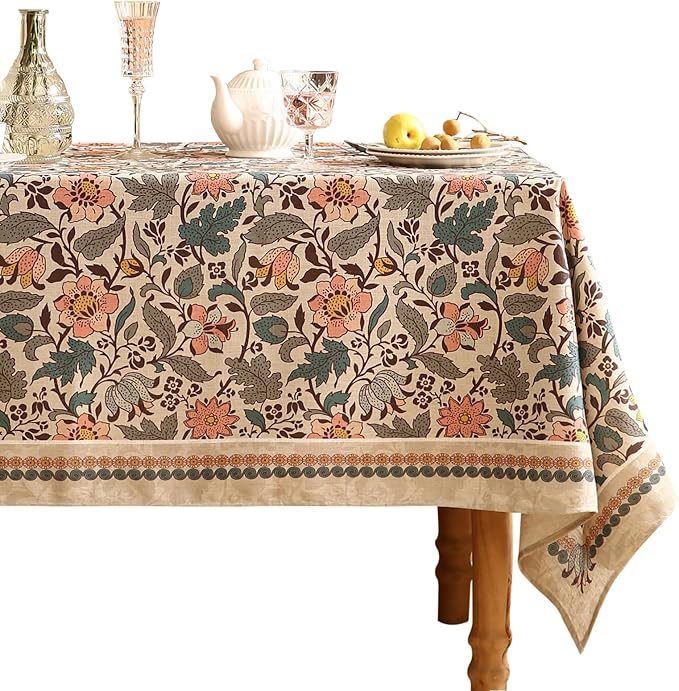 ISAENNE Designer Boho Floral Extra Long Tablecloth Rectangle,Linen Lotus Flower Pattern Colorful Table Cloth,Durable Decor Tablecloths for Dining Thanksgiving Kitchen Christmas,67"*118"-Hazel A