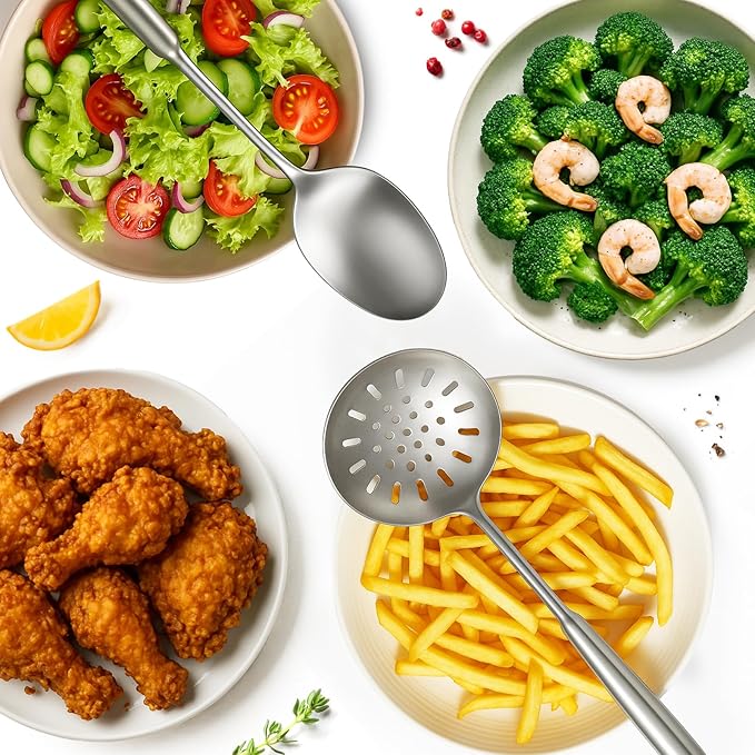 5 Pcs Newness Cooking Utensils Set, 304 Stainless Steel Kitchen Utensils Set, Metal Kitchen Accessories, Include Soup Ladle, Slotted Skimmer Spoon, Spaghetti Spoon and Spatula, Dishwasher Safe