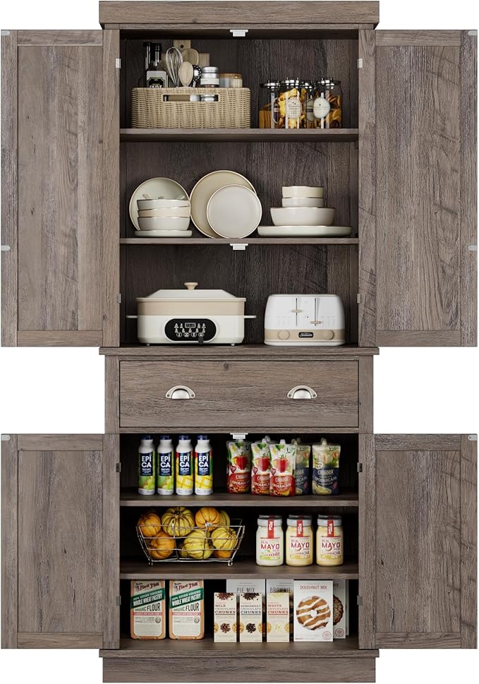 FOTOSOK 72" Kitchen Pantry Storage Cabinets with Drawer, Freestanding Cupboard with 4 Doors, Drawer, 4 Shelves, Utility Pantry Cabinet for Kitchen, Dining Room, Living Room, Ash Grey