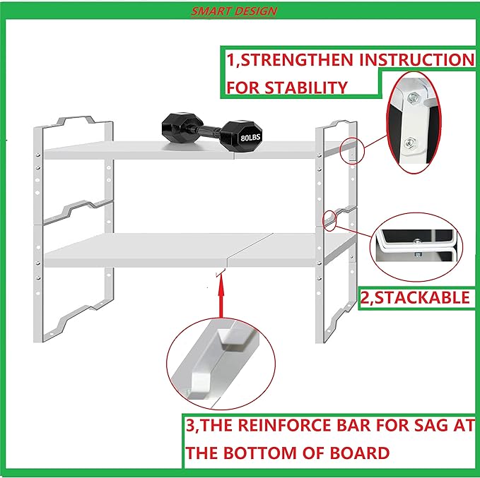 Expandable Shelf for Cabinet Organizer Adjustable Stackable Spice Rack at Kitchen and Bathroom More, Counter Countertop Cupboard Organization Pantry Storage(MEDIUM/2PACKS/WHITE)