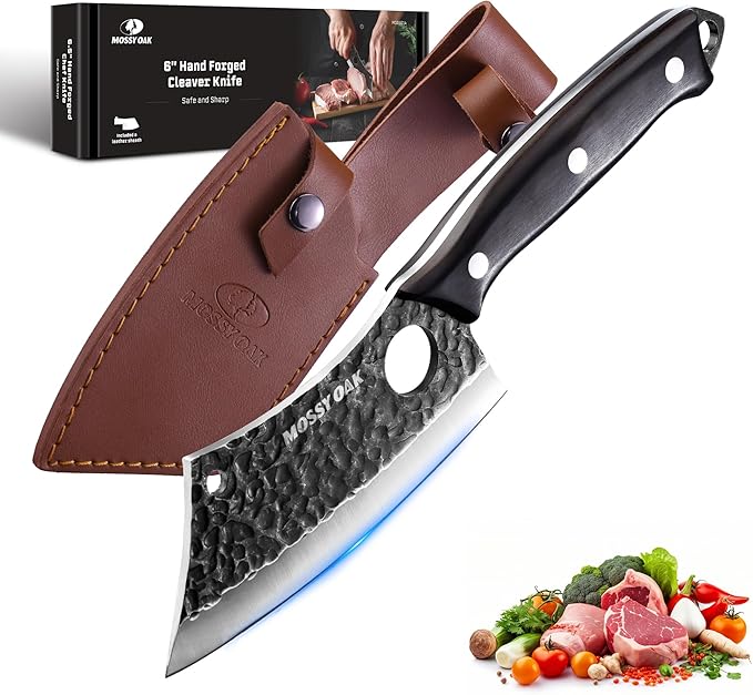 Mossy Oak Meat Cleaver Knife, Butcher Knife with Genuine Leather Sheath, Hand Forged Kitchen Knife Full Tang Handle for Meat and Vegetable Cutting, Outdoor Cooking and Camping