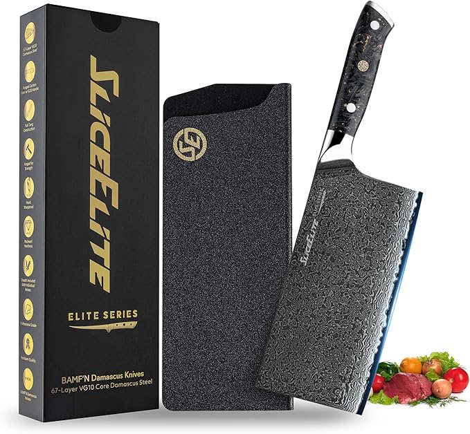 SliceElite Elite Series 7 Inch Meat Cleaver Knife Damascus VG10 Core Forged Carbon Fiber Handle Heavy Duty Chopper Sharp Kitchen Butcher Bone Cutter Vegetable Fruit Chef Tool Polymer Blade Guard Gift