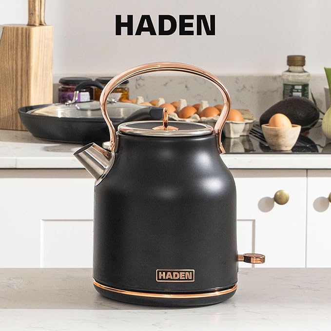 Haden Heritage 1.7 Liter Stainless Steel Electric Kettle, Hot Water Tea Kettle with 360-Degree Base and Auto Shutoff, Black & Copper