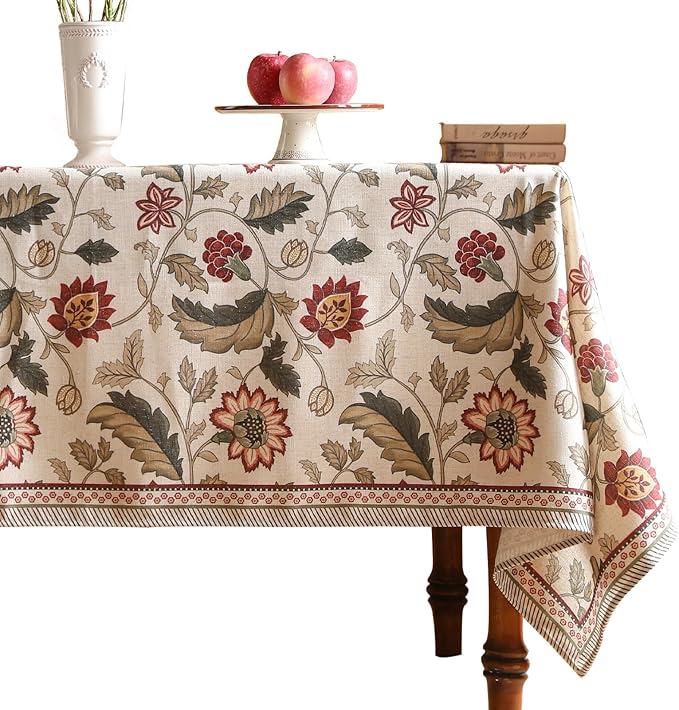ISAENNE Designer Provence Floral Long Rectangular Tablecloth,Linen Colorful Washable Indoor Table Cloth,Durable Decor Tablecloths for Dining Thanksgiving Kitchen Christmas,63"*94"-Ratina