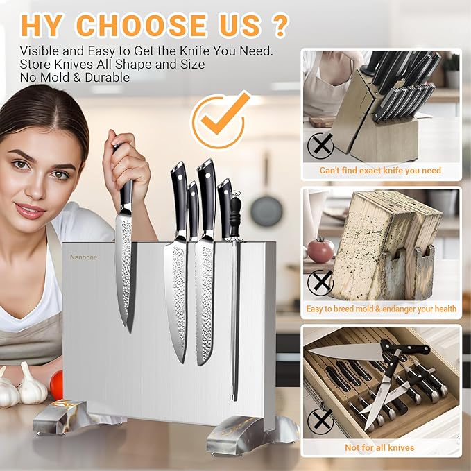 Magnetic Knife Block Without Knives, Stainless Steel Magnetic Knife Holder Stand with Strong Knife Magnet, Double-Sided Knife Magnetic Strip Knifes Storage Organizer for Kitchen Counter Top