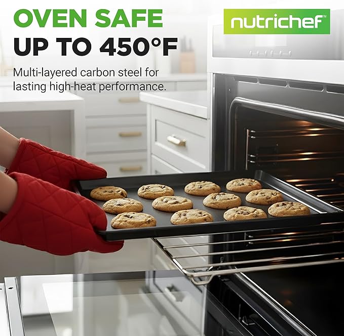 NutriChef 3-Piece Non-Stick Cookie Sheets for Baking - Heavy Duty Steel Baking Sheet Pans for Toasters & Oven - Small, Medium, & Large Size Baking Trays - PFOS, PFOA, PTFE-Free Nonstick Coating