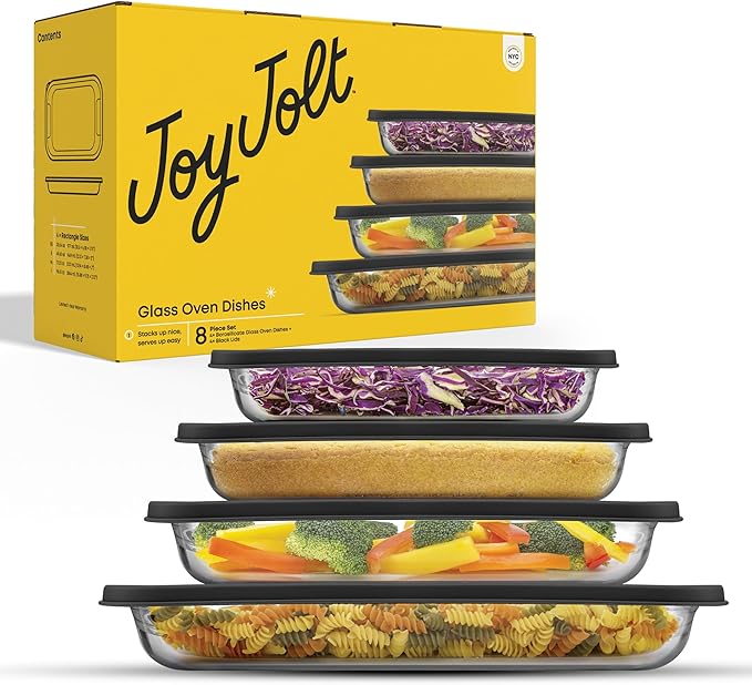 JoyJolt 8-Piece Borosilicate Glass Oven Dishes with Black Lids, Rectangle Deep Glass Baking Dish Set, Baking Pans for Lasagna Casserole Cake, Bakeware Set, Freezer to Oven Tray to Dishwasher